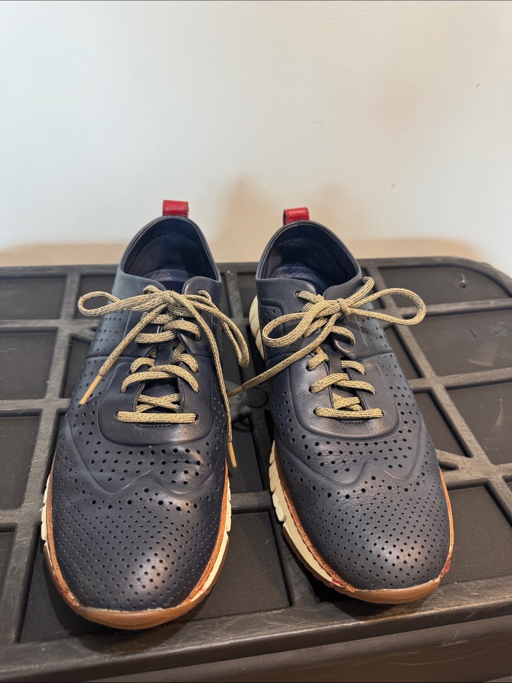 Cole Haan Navy Perforated Leather Oxfords with Tan Laces and Red Heel Tabs